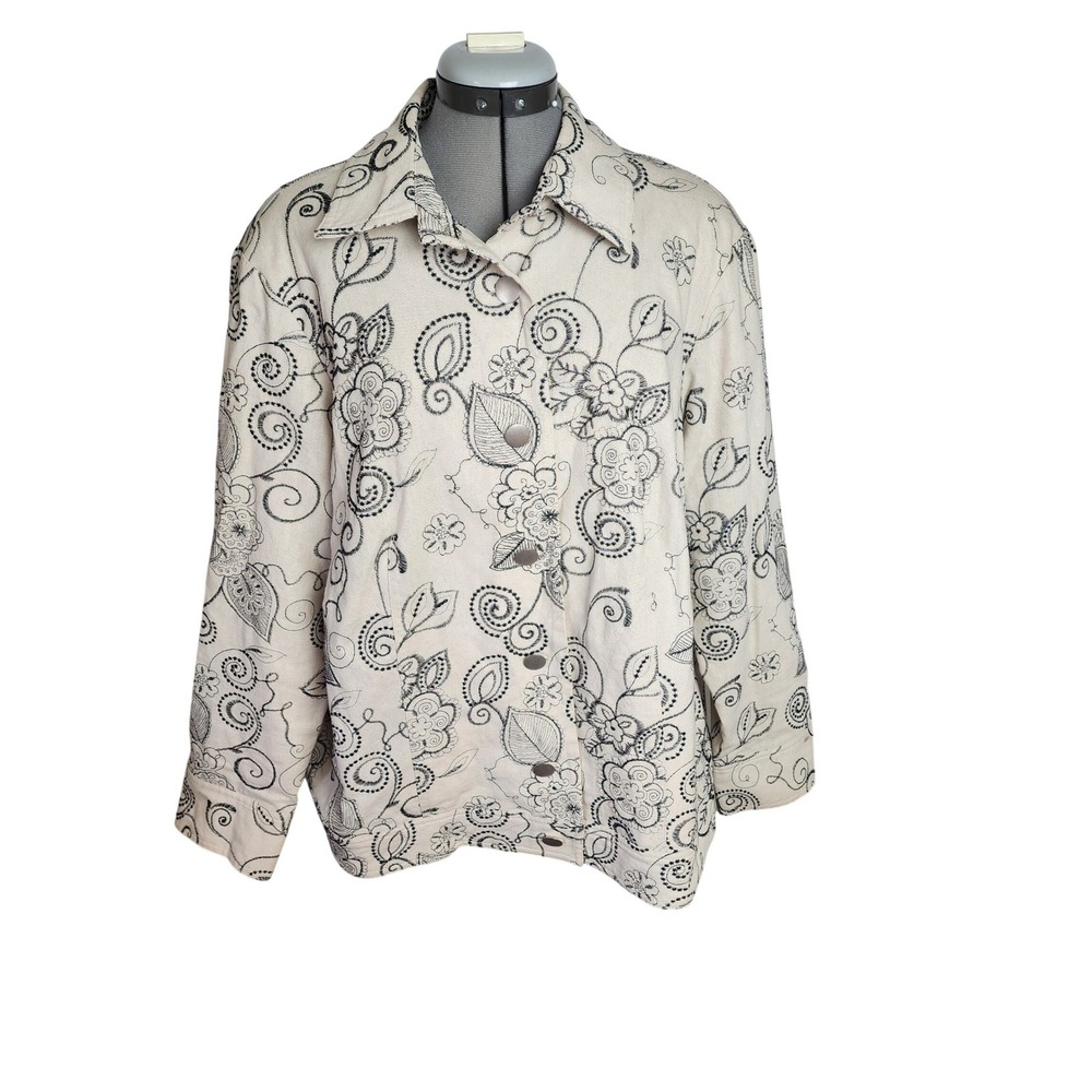 Susan Graver Style Womens 1X Linen Blend Embroidered Floral Jacket Cream Black
